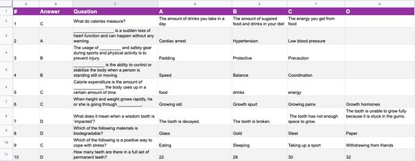 Quiz spreadsheet