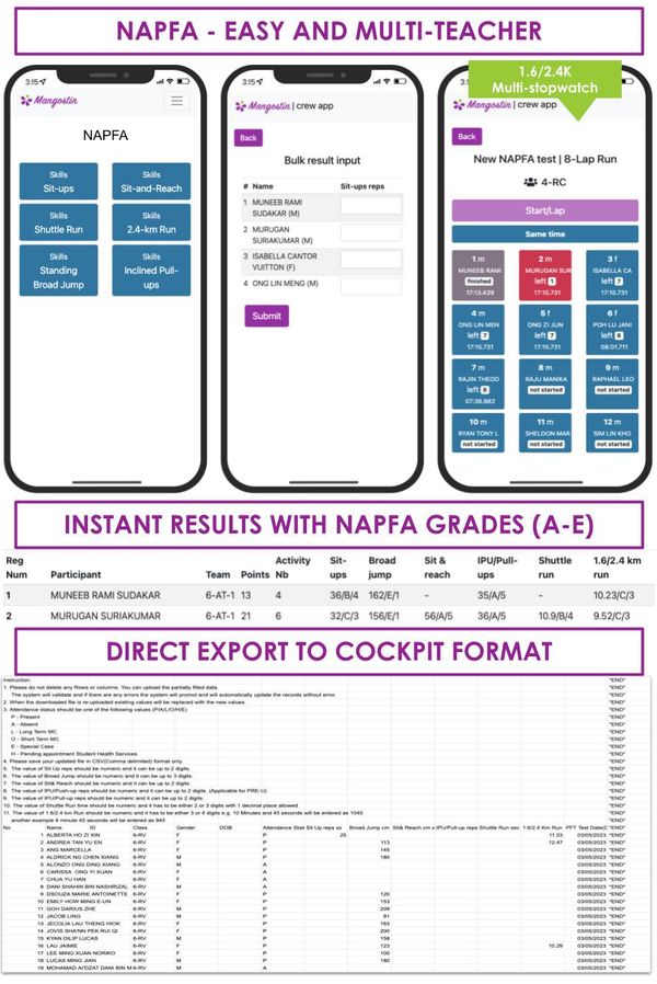 NAPFA app, easy and multi-teacher, instant NAPFA grades, export to Cockpit format