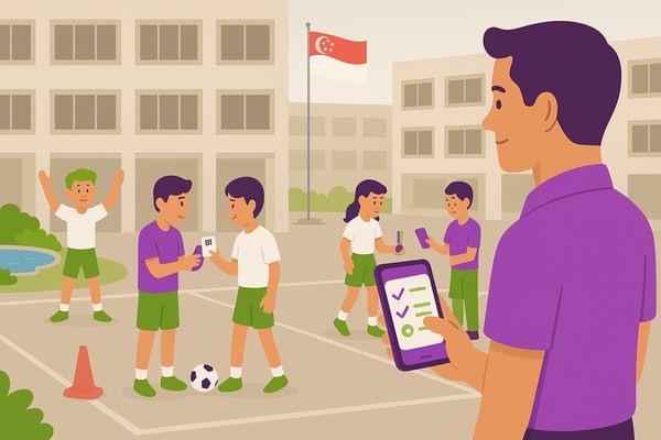 Student leader scans peer's QR at foot shuttlecock station