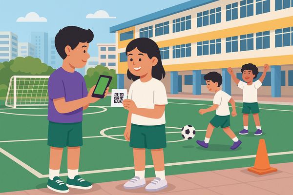 Student leader scans peer's QR at foot shuttlecock station