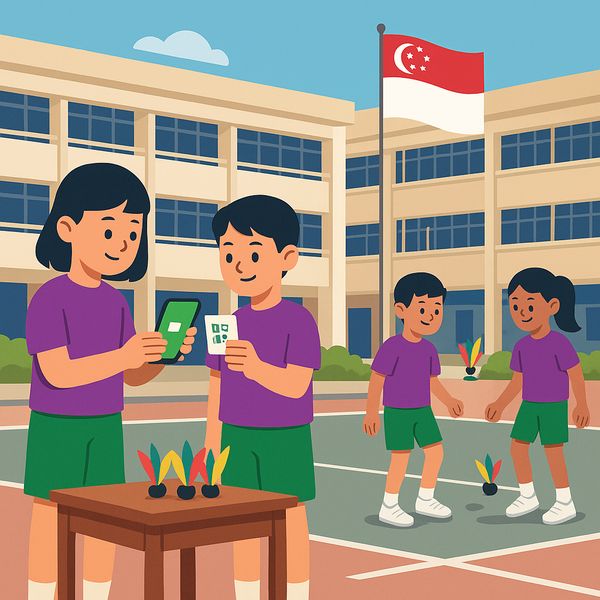 Student leader scans peer's QR at foot shuttlecock station