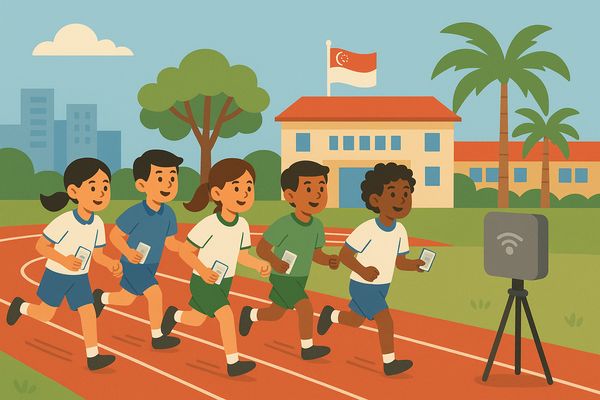 Students running laps with rfid cards and passing by a rfid reader