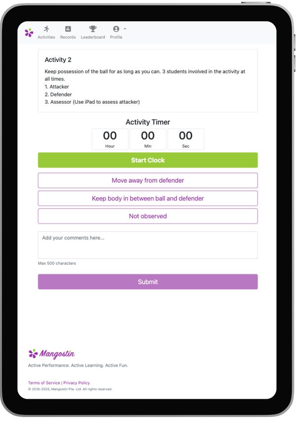 Screenshot from the Mangostin app used during the ACS (Primary) lesson — assessors timed each attempt and observed movement cues such as “Move away from defender” and “Keep body in between ball and defender.”