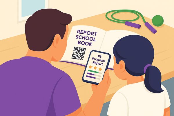Father and daughter sitting together at a wooden table, looking at an open report school book with a QR code and a smartphone displaying a PE Progress Report with stars and bar charts.