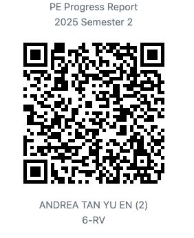 Example of QR code pasted in a student’s report school book, linking to a sample PE progress report created with Mangostin.