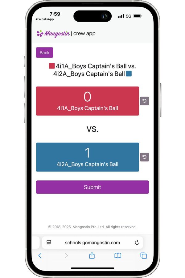 Screenshot showing score entry for a given match.