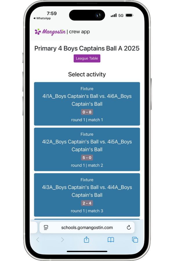 Screenshot showing fixtures in the Mangostin Crew App.