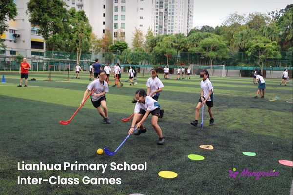 Students in action during a floorball match — part of Lianhua Primary School’s Inter-Class Games.
