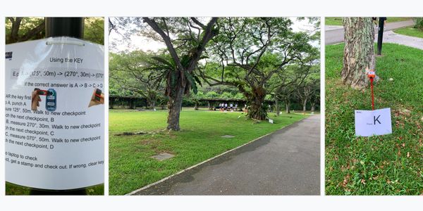 Collage showing the BB Blaze 2026 micro-navigation station, including navigation instructions, the outdoor checkpoint course at Pasir Ris Park, and a SportIdent checkpoint used to record team routes.