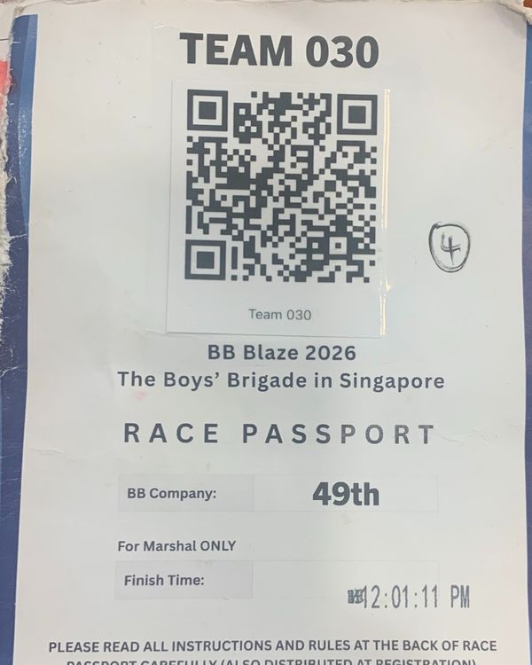 Team race passport used during BB Blaze 2026, showing the QR code assigned to each team for live checkpoint tracking.