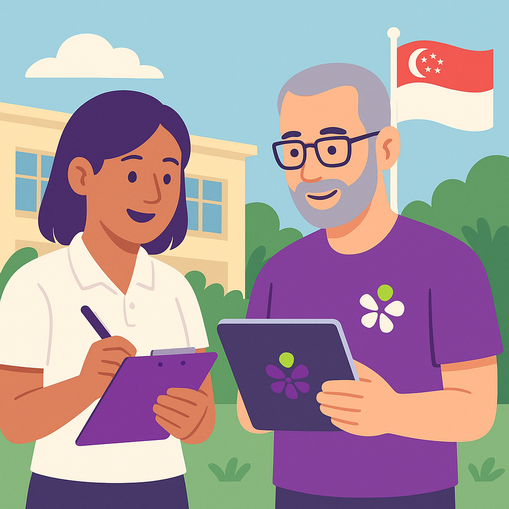 Teacher and technologist collaborating in a Singapore school parade square