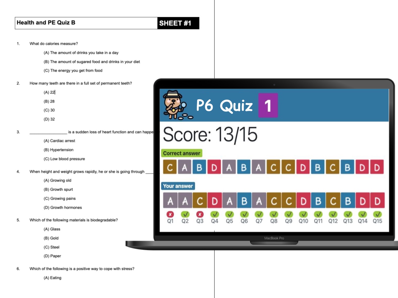 Quiz sheet and quiz result screenshot