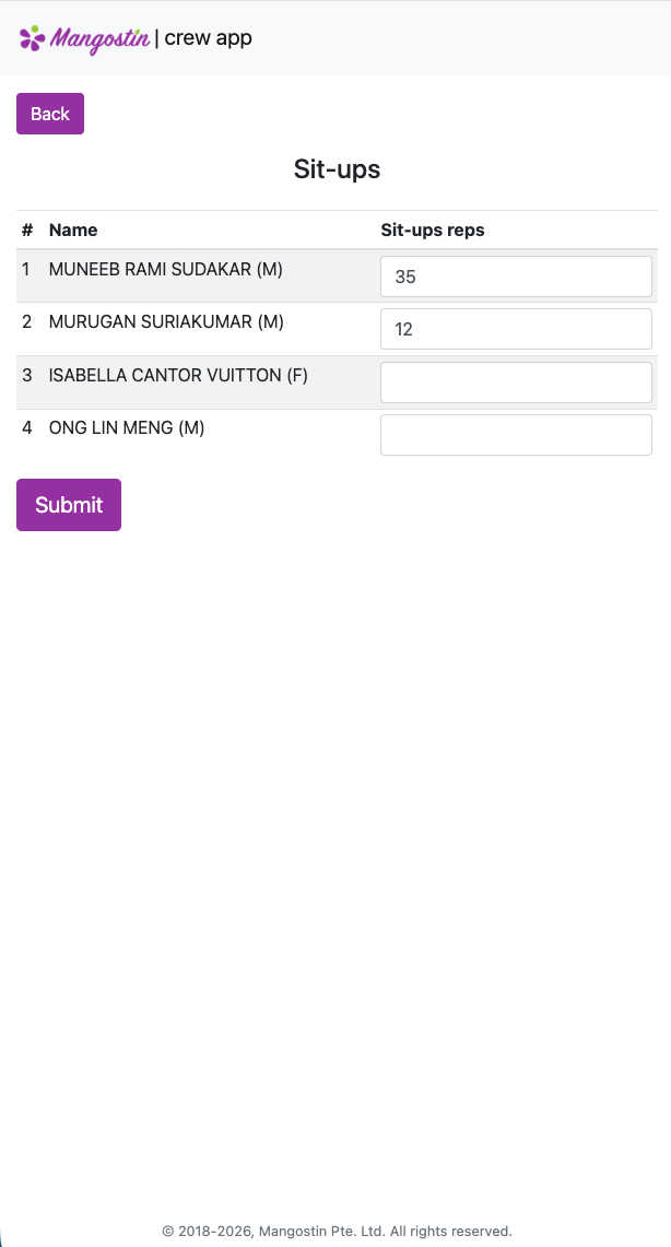 Crew App sit-ups result fields for four fictional students, with demo entries and a Submit button