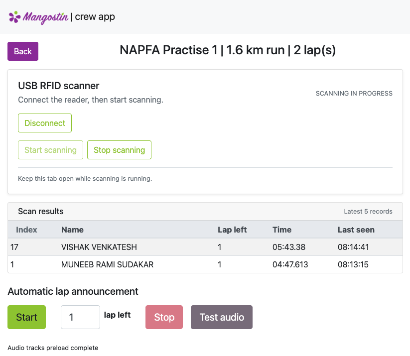 Crew App USB RFID scanner in progress, with demo scan results showing laps remaining and times, and automatic lap-announcement controls