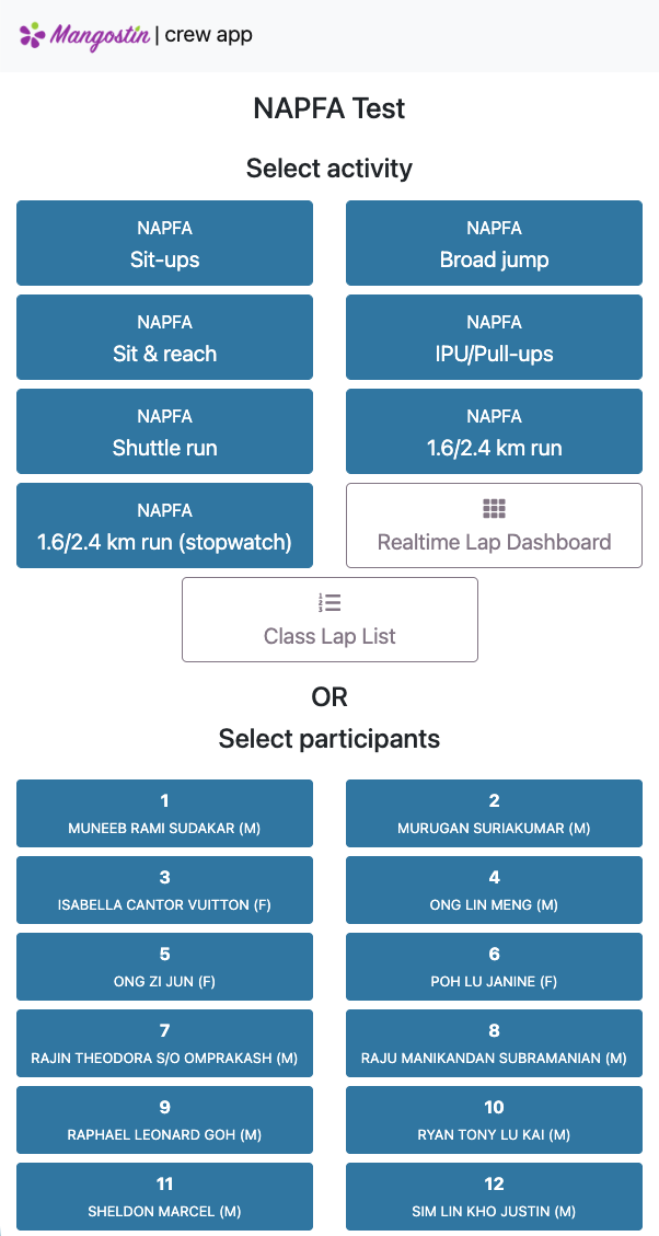 Crew App showing NAPFA station buttons and student selection tiles with fictional names